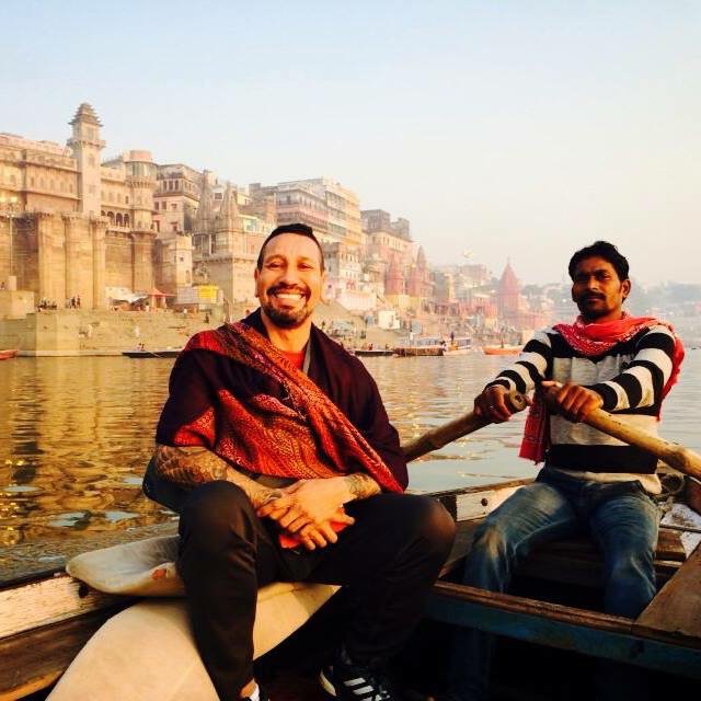 Alfonso Castano with the boatman on the Ganges, Varanasi